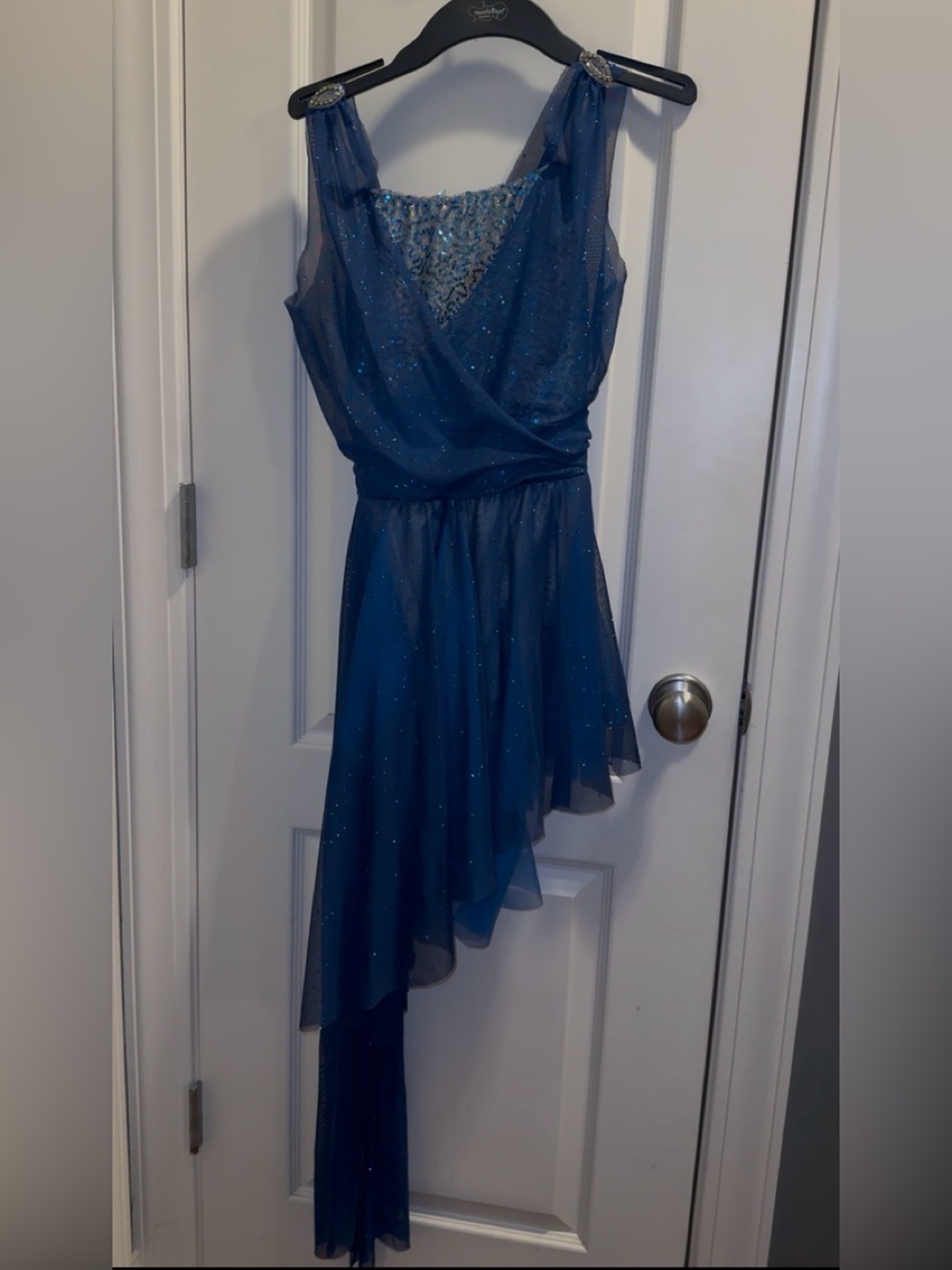 Asymmetrical Sparkle Blue Dance Costume with built in gold bodysuit/Leotard